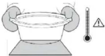 Diagram showing hands holding a basin with a thermometer and warning symbol, likely illustrating a scientific or technical concept.