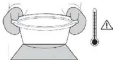 Diagram illustrating a medical or laboratory procedure with hands holding a basin, thermometer, and warning symbol