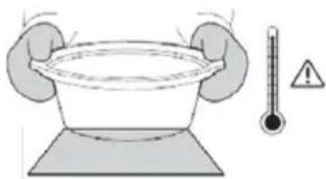 Diagram illustrating a temperature measurement setup with hands holding a bowl and a thermometer indicating heat.