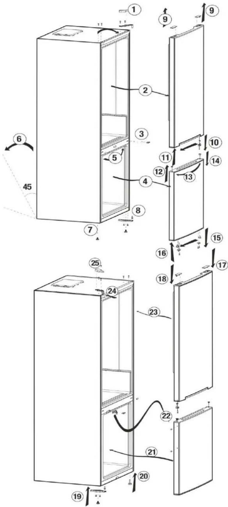 Technical diagram of a refrigerator interior with numbered components and directional arrows indicating movement or assembly.