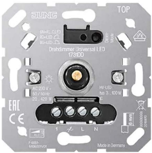 JUNG TOP ON=RLC LED RD=LED BU=LED Drehdimmer Universal LED 1731DD AC 230 V - 50 / 60 Hz 20 - 420 W HV-LED hp. 3 . 100 W EAC CE F-6681- 5m3600V/VT 1 L N Made in Germany 6 mm
