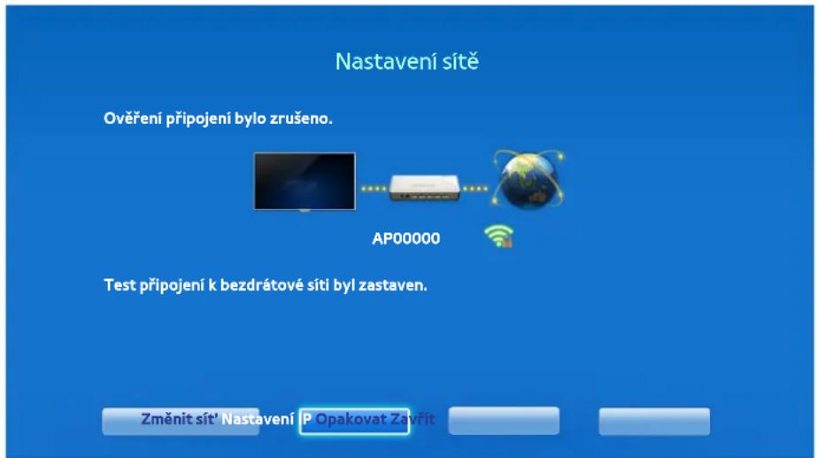 Nastavení sitě Ověření připojení bylo zrušeno. AP00000 Test připojení k bezdrátové sítí byl zastaven. Změnit sit' Nastavení P Opakovat Zavřit