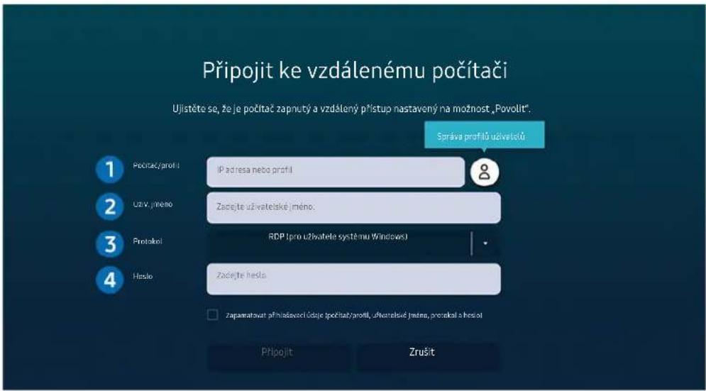 Připojit ke vzdálenému počítači Ujistěte se, že je počítač zapnutý a vzdálený přístup nastavený na možnost „Povolit“. Správa profilů uživatelů Počítac/proti: IP adresa nebo profil Uzv. jmídno: Zadějte uživateľské jmídno: Protokol: RDP (pro uživateľe systénu Windows) Heslo: Zadějte heslo Zapamatovat příniadavceľ čísje (počítat/profit), ořívořaleské jmídno, protokol a hesol Připojit Zrušit