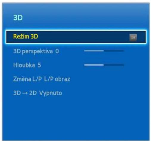 3D Režim 3D 3D perspektiva 0 Hloubka 5 Změna L/P L/P obraz 3D → 2D Vypnuto