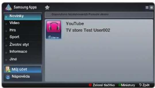 Samsung Apps Novinky Video Hra Sport Životni styl Informace Jiné Můj účet Nápověda Diosoruženo No(starkovář)ši Poděctn Jinnéč YouTube TV store Test User002 Zelené tlačítko Miniatury D Zpít