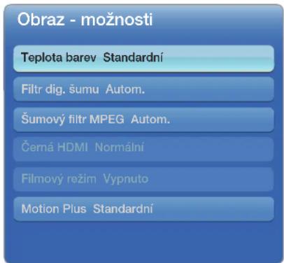 Obraz - možnosti Teplota barev Standardní Filtr dig. šumu Autom. Šumový filtr MPEG Autom. Černá HDMI Normální Filmový režim Vypnuto Motion Plus Standardní