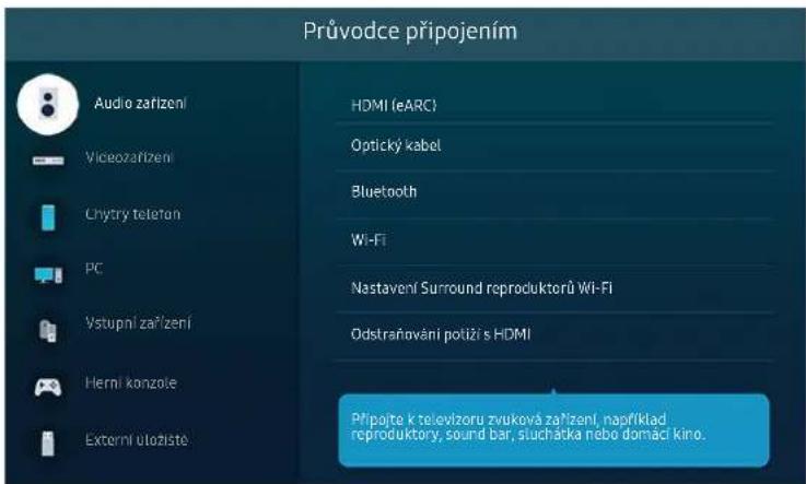 Průvodce připojením Audio zařízení Viceozatřízení Chytry telefon PC Vstupní zařízení Herní konzole Externí uložistě HDMI (eARC) Optický kabel Bluetooth Wi-Fi Nastavení Surround reproduktorů Wi-Fi Odstraňování potůži s HDMI Připojte k televizoru zvuková zařízení, například reproduktory, sound bar, siuchátka nebo domáci kino.
