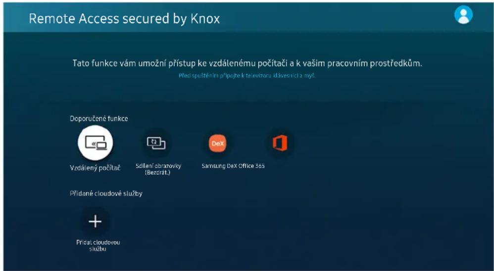 Remote Access secured by Knox Tato funkce vám umožní přístup ke vzdálenému počítači a k vašim pracovním prostředkům. Před spuštěním přípojte k televizoru klávesnící a myš. Doporučené funkce Vzdálený počítač Söllený obrazovky (Bezcrát.) DeX Samsung DeX Office 365 Přidané cloudové služby + Přídas cloudovou službu