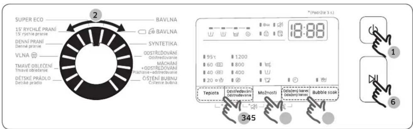 SUPER ECO 15' RYCHLÉ PRANÍ 15' rychle pranie DENNÍ PRANÍ Denné pranie SYNTETIKA VLNA TMAVÉ OBLEČENÍ Tmavě obledčenie DĚTSKÉ PRÁDLO Detské prádio BAVLNA BAVLNA ODSTŘEDOVÁNÍ Odstredovanie MÁCHÁNÍ +ODSTŘEDOVÁNÍ Pláchanie+odstredovanie ČISTĚNÍ BUBNU Čistenie bubna * (Podržse 3 s.) 18:88 95°C 1200 60 800 40 400 20 Teplota Odstředování Odstredovanie Mažnosti Odložený karneč Odložený karneč Bubble soak 345 1 6