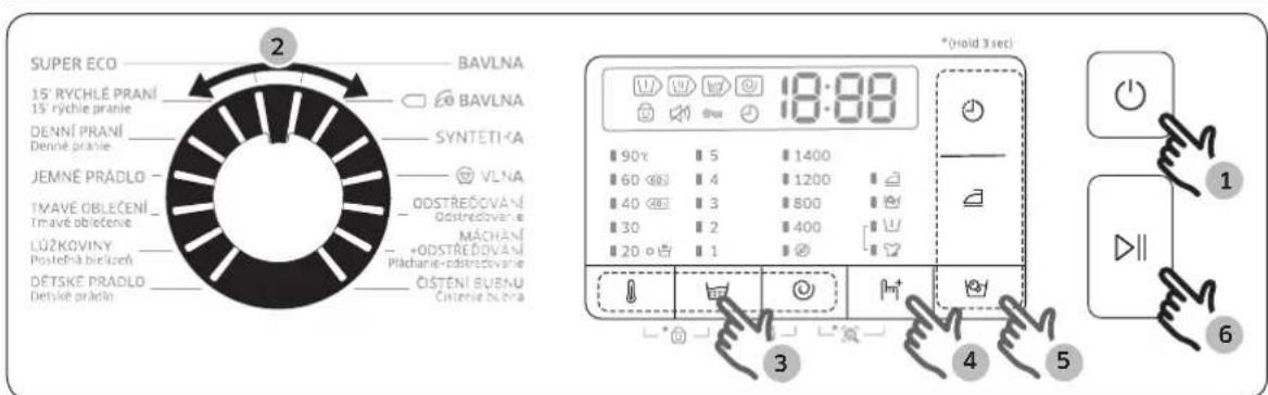 SUPER ECO 15' RYCHLÉ PRANÍ 15' RYCHLÉ PRANÍE DENNÍ PRANÍ Denné pranie SYNTETIKA JEMNÉ PRÁDLO - TMAVÉ OBLEČENÍ TmaVÉ OBLEČENÍE LÚZKOVINY Postelná bělzeň DETSKE PRÁDLO Detské prádlo BAVLNA BAVLNA VLNA ODSTŘEDOVANI Odstředovani e MACHANI +ODSTŘEDOVANI Pilachanie+odstředovanie OŠTĚNÍ BURNU Cisternie obra *Hold 3 sec 90° 60 <60> 40 <60> 30 20 ° 5 4 1200 800 400 1 1400 18:88 19:88 3 4 5