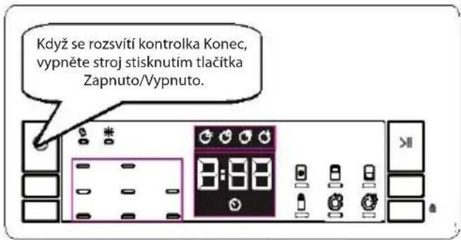Když se rozsvítí kontrolka Konec, vypněte stroj stisknutím tlačitka Zapnuto/Vypnuto.