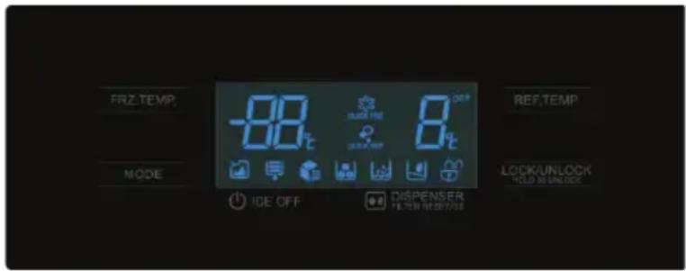 FRZ.TEMP. MODE ICE OFF QUICK PRE 8t DISPENSER PRE-TIME 19:00'7:30 REF.TEMP. LOCK/UNLOCK HOLD BE UNLOCK