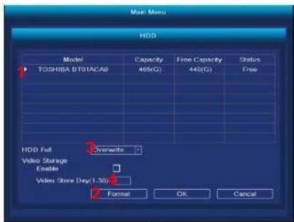 Main Menu HDD Model Capacity Free Capacity Status TOSHIBA DT91ACAB 465(G) 440(G).Free HDD Full Overwrite Video Storage Enable Video Store Day(1.30) 2 Format OK Cancel