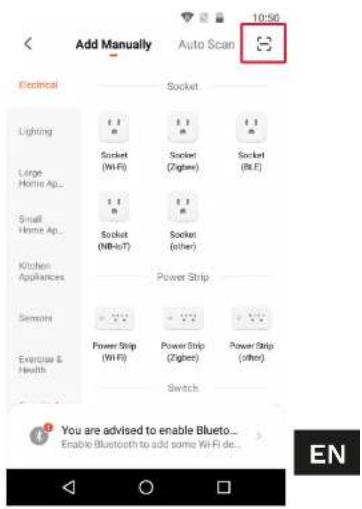 Add Manually Auto Scan Electrical Lighting Large Home Ap... Small Home Ap... Kitchen Appliances Semin Exercise & Health Socket Socket (Wi-Fi) Socket (Zigbes) Socket (BLF) Socket (NB-toT) Socket (other) Power Strip Power Strip (Wi-Fi) Power Strip (Zigbes) Power Strip (other) Switch You are advised to enable Bluetooth... Enable Bluetooth to add some Wi-Fi de...