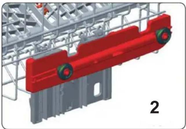 3D mechanical assembly diagram showing red and gray components with green wheels, no visible text or symbols
