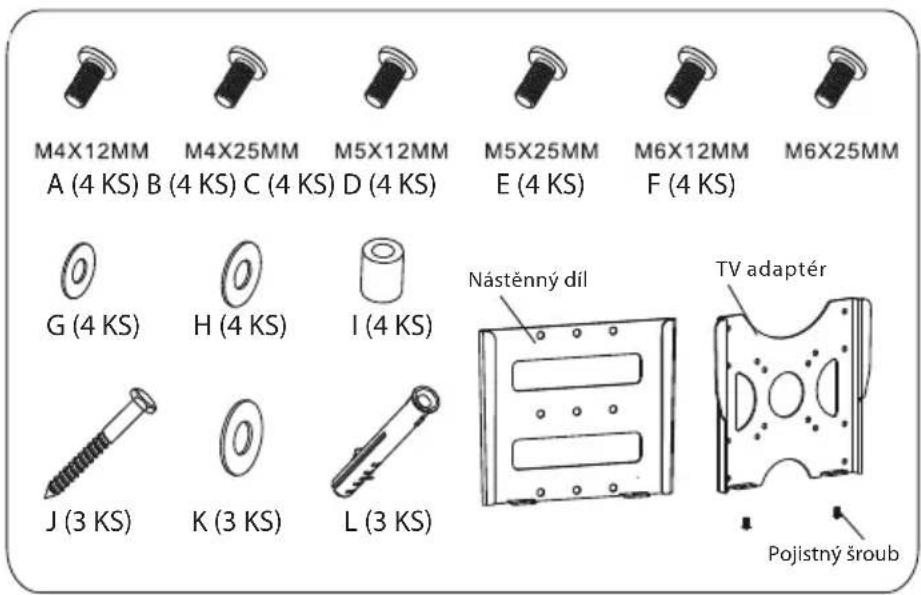 M4X12MM A (4 KS) B (4 KS) C (4 KS) D (4 KS) M4X25MM M5X12MM E (4 KS) M6X12MM F (4 KS) M6X25MM G (4 KS) H (4 KS) I (4 KS) J (3 KS) K (3 KS) L (3 KS) Nástěnný díl TV adaptér Pojistný šroub