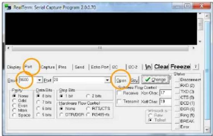 RealTerm: Serial Capture Program 2.0.0.70 Display Port Capture Pins Send Echo Port QC QC-2 In Clear Freeze ? Bau 9600 Port 20 Open Spy Change Status Parity Data Bits Stop Bits Software Flow Control None 8 bits 1 bit 2 bits Receive Non Char 17 Odd 7 bits Hardware Flow Control Transmit Non Char 19 Even 6 bits None RTS/CTS Mark 5 bits DTR/DSR RS485-its Wnsock is Row Ring (5) Space Space Winsock is Row Telnet BREAK Error