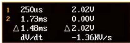 1 250us 2.02V 2 1.73ms 0.00V Δ1.48ms Δ2.02V dV/dt -1.36kV/s