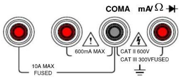 COMA mA Ω 10A MAX FUSED 600mA MAX CAT II 600V CAT III 300VFUSED