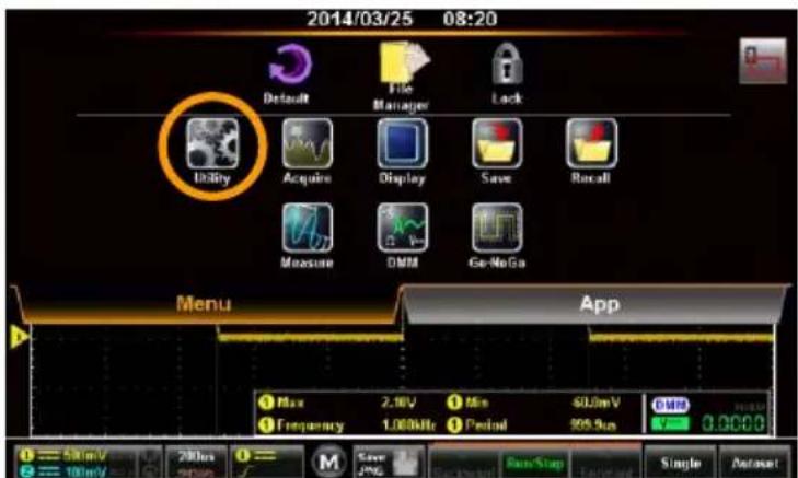 2014/03/25 08:20 Default File Manager Lock Utility Acquire Display Save Recall Measure DMM Ge-NoGa Menu App Max 2.16V Min 500mV Frequency 1.00MHz Period 99.9us 0.0000 50mV 20Hz Save Jmg Save/Stop Single Aetset