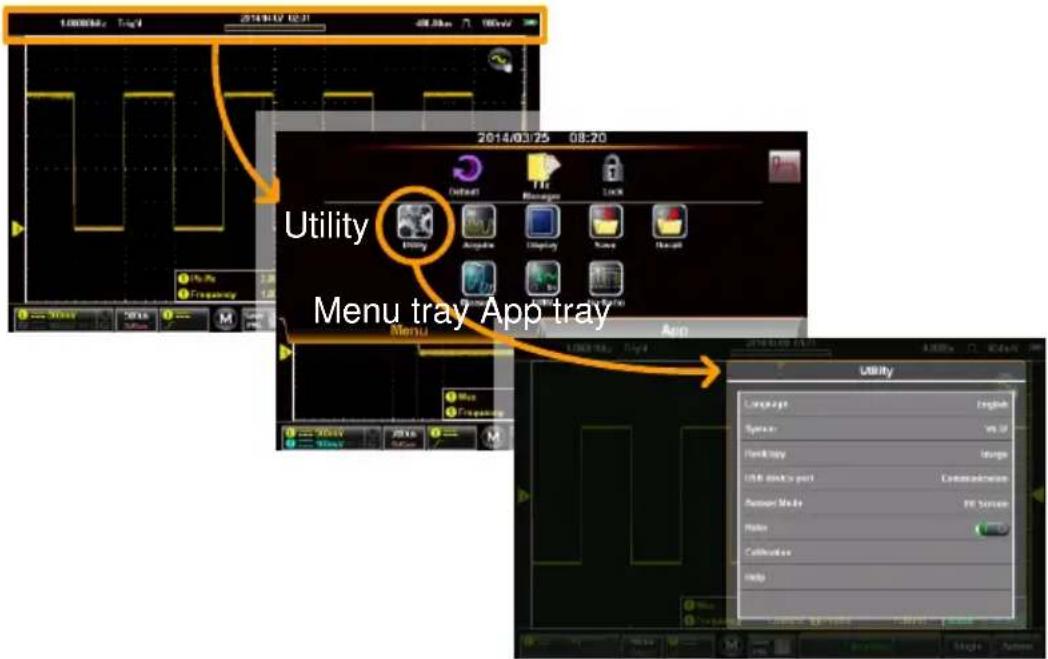 Utility Menu tray App tray 2014/03/25 08:20 Language English Spanish English Flashplay Images USB block's port Communication Custom Mode PT screen Home Calcitonics Help