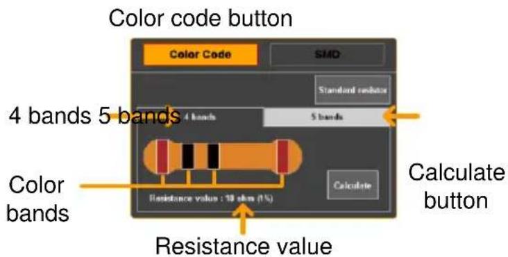 Color code button Color Code SMD Standard series 4 bands 5 bands 4 bands 5 bands Color bands Calculate button Resistance value : 10 ohms (1%) Calculate