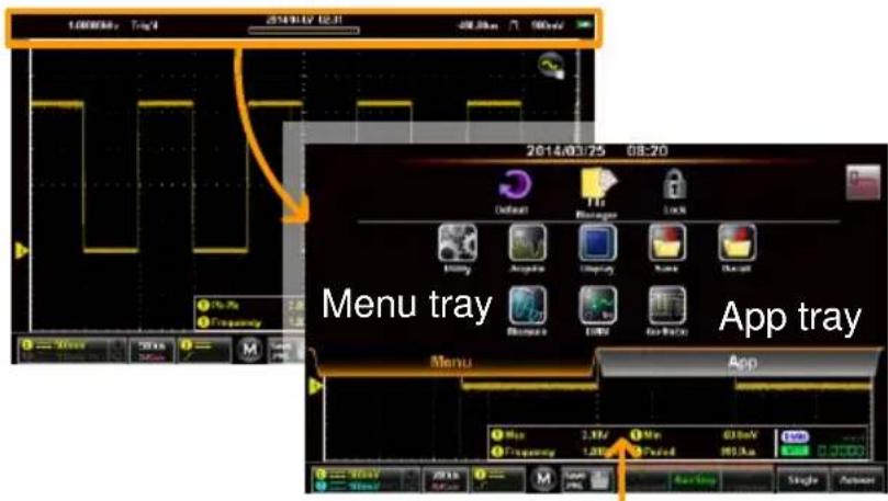 1.000MHz Trig4 2014/03/25 08:20 2014/03/25 08:20 Menu tray App tray Menu App 1 Max 2.1Hz 3 Min 61.6eV 2 Frequency 1.000 1 Period 99.3mA 3 Max 2.1Hz 3 Min 61.6eV 4 Frequency 1.000 1 Period 99.3mA Single Action