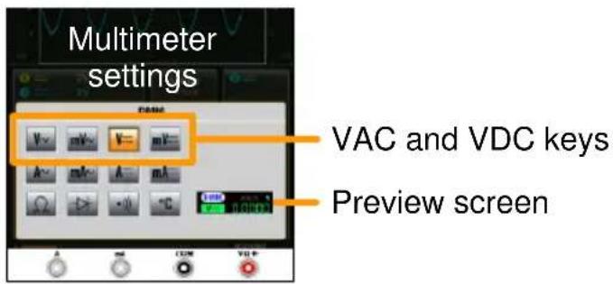 Multimeter settings VAC and VDC keys Preview screen