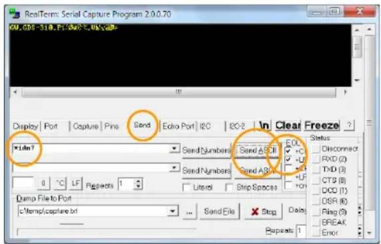 RealTerm: Serial Capture Program 2.0.0.70 GU.GDS-318.P1.SN2.0%S# Display | Port | Capture | Pins | Send | Echo Port | I2C | I2C-2 | In Clear Freeze ? *idn? Send Numbers Send A S CII EOL + C + U + C + U + U 0 °C LF Repeats 1 Literal Strip Spaces Status Disconnect RXD (2) TXD (3) CTS (8) DCD (1) DSR (6) Ring (9) BREAK Error Dump File to Port c:\temp\capture.txt Send File Stop Delay Repeat: 1
