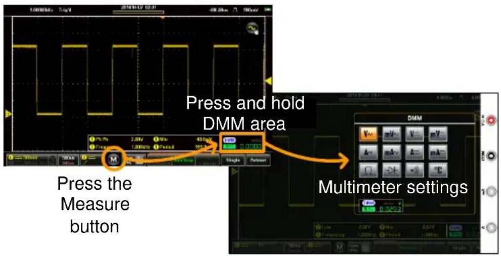 Press and hold DMM area Press the Measure button Single Parameter Multimeter settings