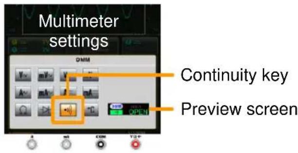 Multimeter settings Continuity key Preview screen