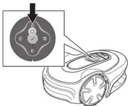 Diagram showing a device with a control panel and an inset highlighting a circular component with labeled buttons and symbols.