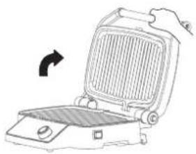 Line drawing of a portable electric grill with a heat sink and side panel, showing airflow direction (no text or symbols)