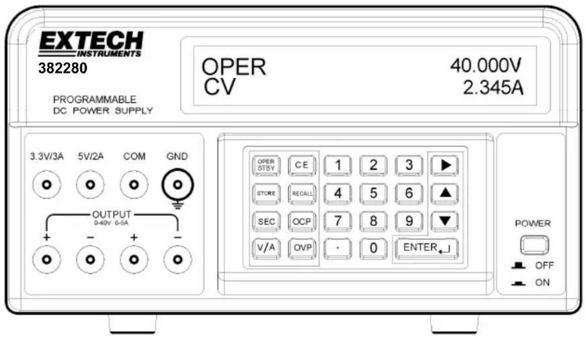 EXTECH INSTRUMENTS 382280 PROGRAMMABLE DC POWER SUPPLY OPER CV 40.000V 2.345A 3.3V/3A 5V/2A COM GND OUTPUT 0-40V 0-5A + - + - OPER STBY CE 1 2 3 ▶ STORE RECALL 4 5 6 ▲ SEC OCP 7 8 9 ▼ V/A OVP · 0 ENTER↓ POWER OFF ON