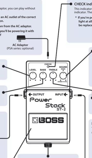 AC adaptor, you can play without can AC outlet of the correct on. own from the AC adaptor. you'll be powering it with f AC Adaptor (PSA series: optional) CHECK LEVEL BASS TREBLE SOUND SOUND RASS CUNCH SETTA OUTPUT INPUT Power Stack ST-2 BOSS