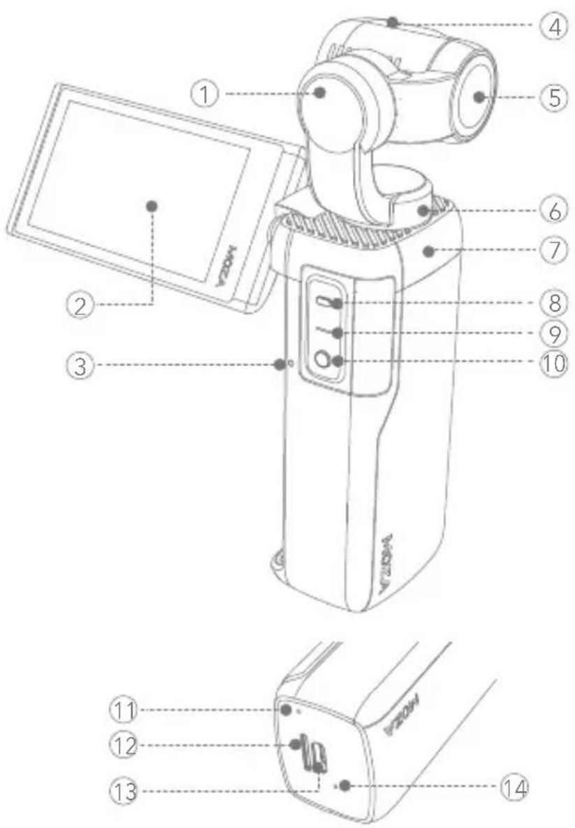 Technical diagram of a device with numbered parts, including a display and internal components labeled 1 to 14.