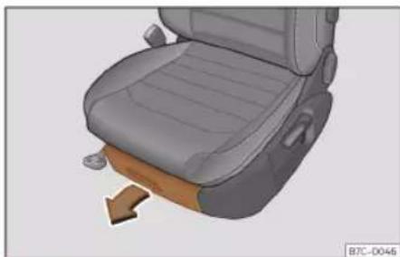 3D rendering of a car seat with a wooden seatbelt and a brown arrow indicating force or motion (no text or symbols)