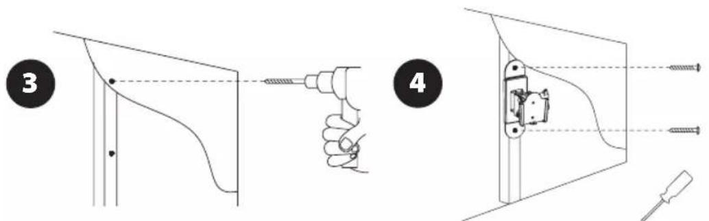 Technical diagram showing two-step installation of a mechanical component with screwdriver and bracket assembly, labeled 3 and 4.