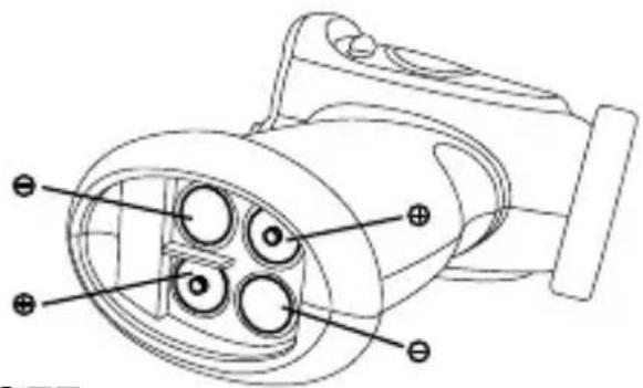 Technical diagram of an electric vehicle charging plug with labeled components and polarity indicators