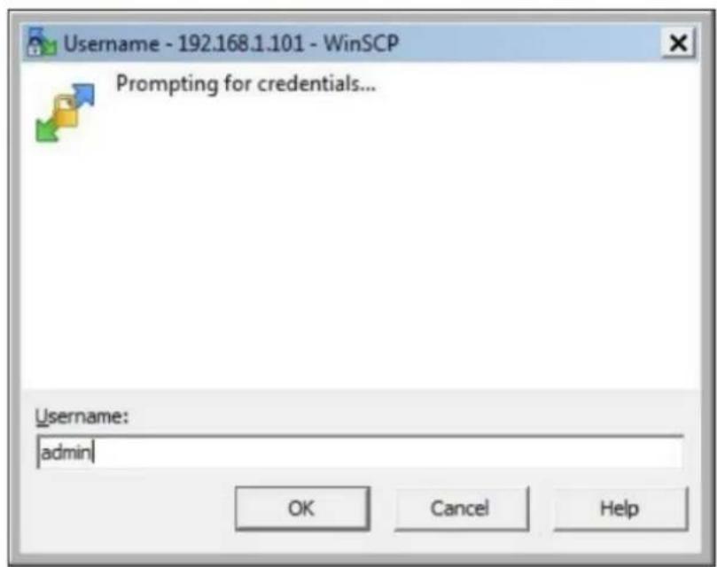 Username - 192.168.1.101 - WinSCP Prompting for credentials... Username: admin OK Cancel Help
