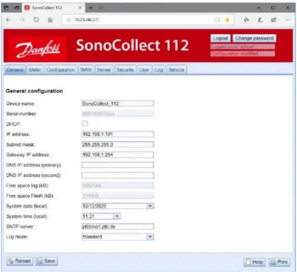 SonoCollect 112 10.23.242.27/ Danfoss SonoCollect 112 Login Change password logged as an 'admin' Configuration modified General Meter Configuration WAN Server Security User Log Service General configuration Device name: SonoCollect_112 Serial number: 0891d08018as DHCP: IP address: 102.168.1.101 Subnet mask: 255.255.255.0 Gateway IP address: 102.168.1.254 DNS IP address (primary): DNS IP address (second): Free space log (kB): 2687544 Free space Flash (kB): 114939 System date (local): 13/12/2020 System time (local): 11.31 SNTP server: ptbtme1.ptb.de Log mode: Standard Reload Save Help Print