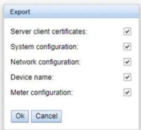 Export Server client certificates: System configuration: Network configuration: Device name: Meter configuration: Ok Cancel