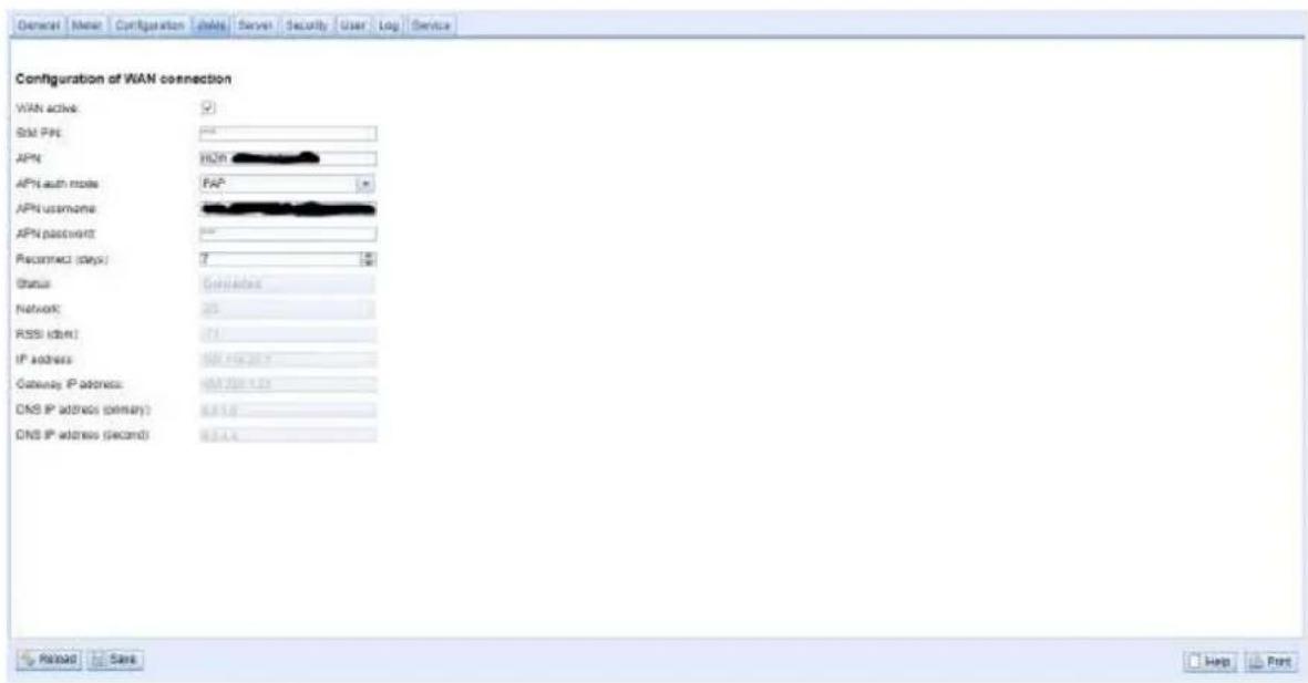 Configuration of WAN connection WAN active: Split PAN: APN: APN auth mode: APN username: APN password: Resconnect (days): Status: Network: RSSI idnet: IP address: Gateway IP address: DNS IP address (primary): DNS IP address (second): Readout Save Help Finish