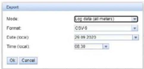 Export Mode: Log data (all meters) Format: CSV-8 Date (local) 29.09.2020 Time (local): 08.30 Ok Cancel
