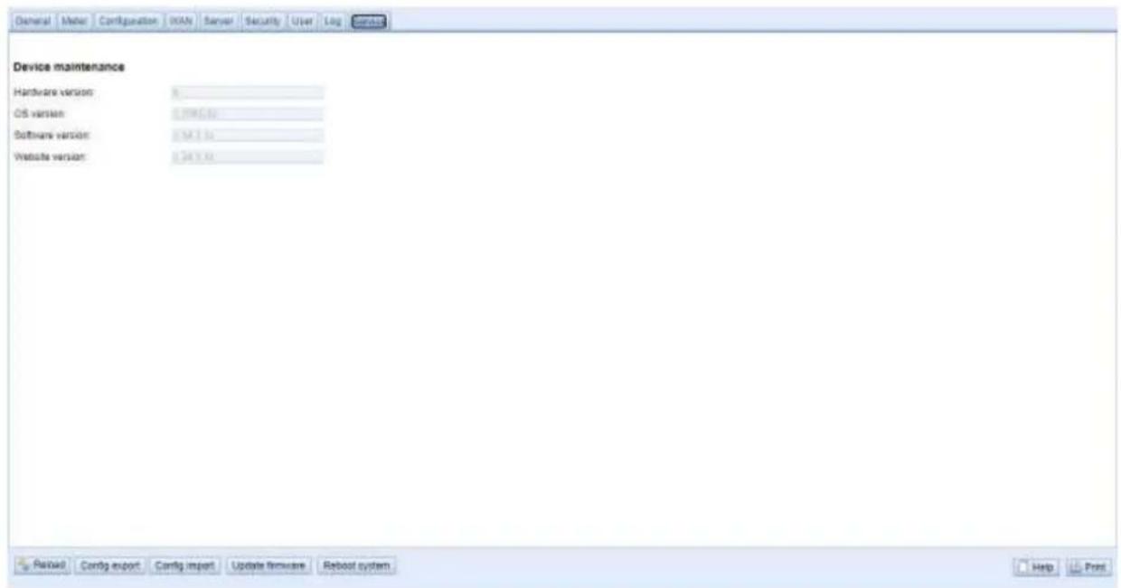 General Meter Configuration WAN Server Security User Log Service Device maintenance Hardware version: 8 OS version: 0.199 X 62 Software version: 0.54 X 62 Website version: 0.34 X 62 Risshift Config export Config import Update firmware Reboot system Help Print