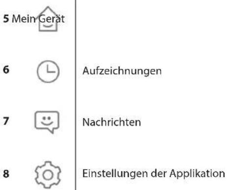 5 Mein Gerät 6 ① Aufzeichnungen 7 😊 Nachrichten 8 ⓥ Einstellungen der Applikation
