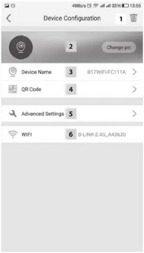 Device Configuration 1 2 Change pic Device Name 3 B17WIFI-FC111A > QR Code 4 > Advanced Settings 5 > WIFI 6 B-LINK-2.4G_A43630