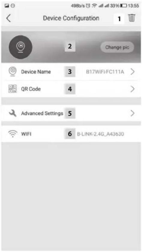 Device Configuration 1 2 Change pic Device Name 3 B17WIFI-FC111A > QR Code 4 > Advanced Settings 5 > WIFI 6 B-LINK-2.4G_A43630