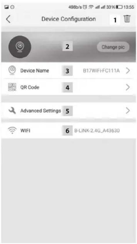 Device Configuration 1 2 Change pic Device Name 3 B17WIFI-FC111A > QR Code 4 > Advanced Settings 5 > WIFI 6 B-LINK-2.4G_A43630