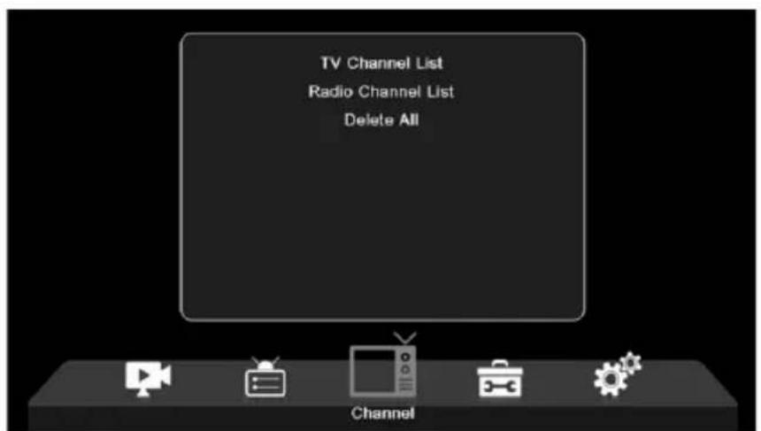 TV Channel List Radio Channel List Delete All Channel
